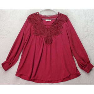 Melle Fashion Blouse Top Womens Large Maroon Lace‎ Paisley Long Sleeve V Neck